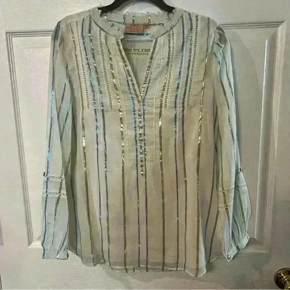 Rungolee Tunic Blouse Women Size XS White with Blue and Silver Metallic Stripes - Picture 1 of 5